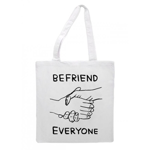 David Shrigley’s ‘Befriend Everyone’ tote for Belle and Sebastian, £10, from the Belle and Sebastian Shop.