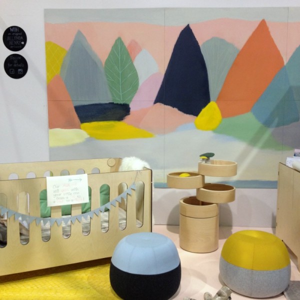 Plyroom plywood cot, multi-purpose cylindrical storage unit and bed with Belynda Henry artwork at One Fine Baby Fair Sydney via WeeBirdy.com