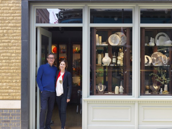 Stephen Ormandy and Louise Olsen, Dinosaur Designs’ Creative Directors, at their new London store in the new Ham Yard Hotel. Photography by Simon Brown. 