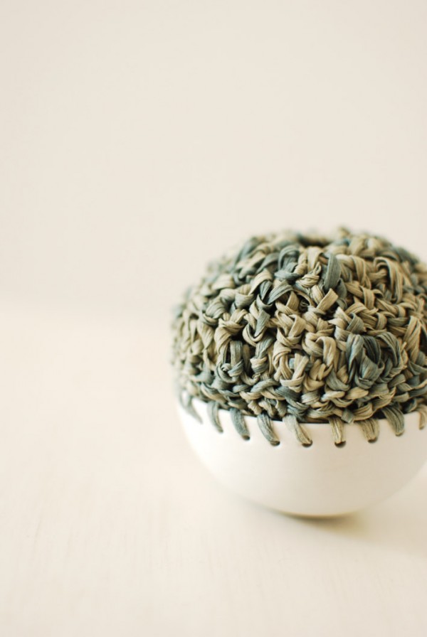 Vessel made with paper, yarn and porcelain by Lisa Tilse. 