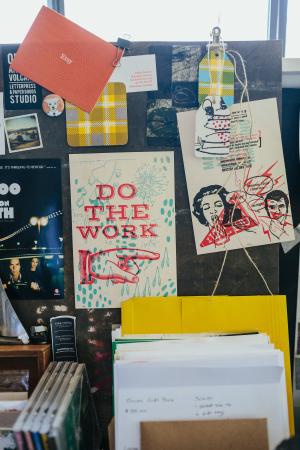 Details from the home studio of Olive and the Volcano, via WeeBirdy.com.