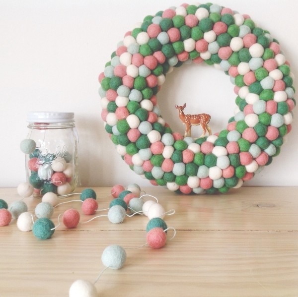 Medium feltball wreath in "Sweetpea Christmas Mix", AU$95, from Down That Little Lane. 