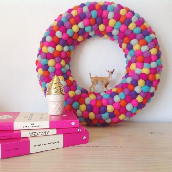 Amazing: Large feltball wreath in "Christmas Brights", AU$115, from Down That Little Lane.