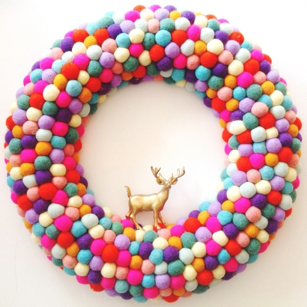 Colourful Christmas: extra large feltball wreath and garland in "Rainbow Mix", AU$125, from Down That Little Lane. 