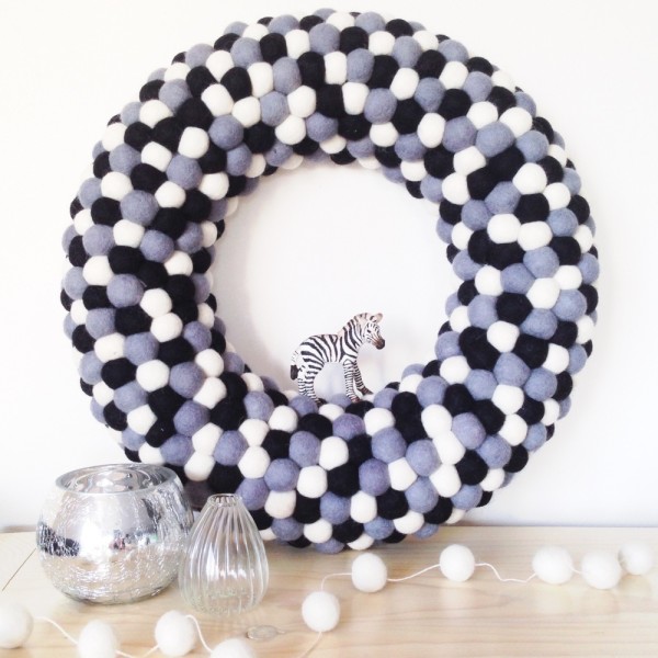 Large feltball wreath in "Monochrome", $115, from Down That Little Lane. Photography courtesy of Little Puddles. 