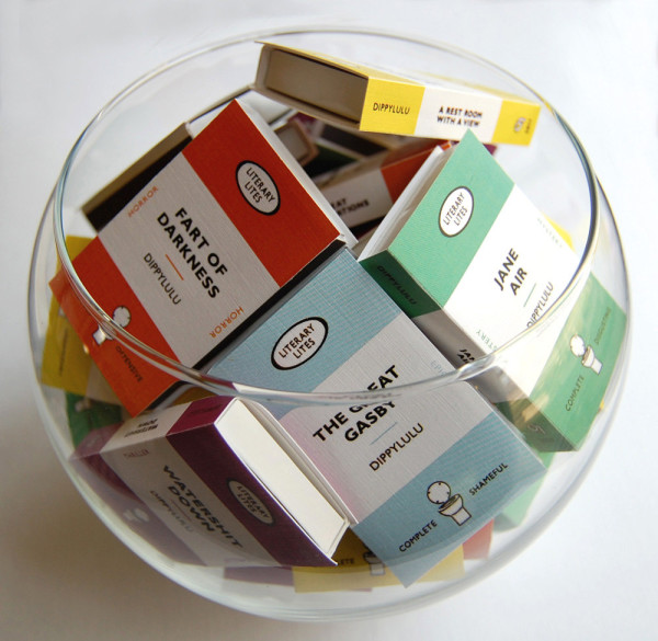 Presents for Book Lovers: Collected Works of Literary Lites matchboxes, $27.33 for a set of three, from Dippy Lulu's Etsy shop, via WeeBirdy.com.