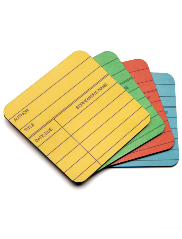 25 Excellent Presents for Book Lovers, via WeeBirdy.com: Library coaster set, $16, from Out of Print clothing.