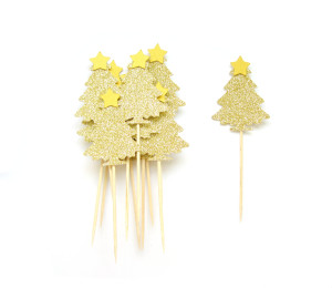 12 gold glitter Christmas tree cupcake toppers, $8.72 by Pelemele.