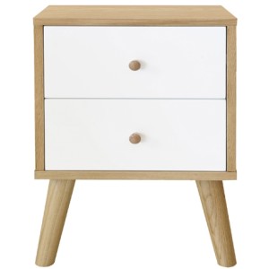 Oslo two-drawer bedside table in oak/white, $349, from Freedom.