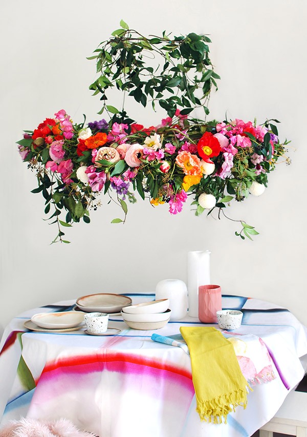 We created this gorgeous hanging flower chandelier from scratch in an afternoon for a statement centrepiece that looks incredible – and smells heavenly. Photo: Lisa Tilse for We Are Scout