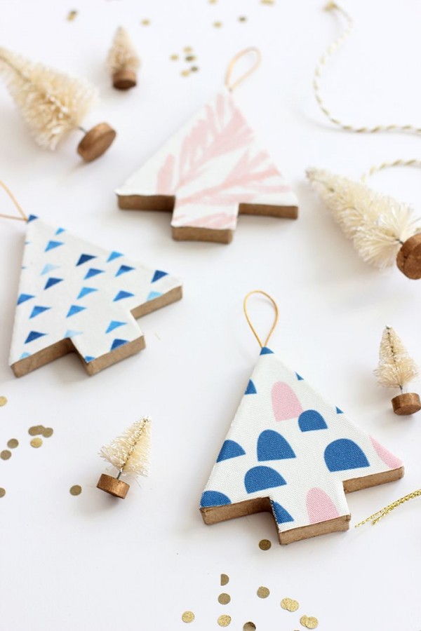 Make fabric-covered tree decorations by Alice and Lois. 