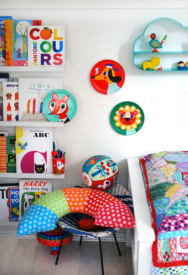 A cheap and easy kids bedroom makeover, with Ikea shelves, Kmart cloud shelves and Helen Dardik's gorgeous illustrated plates. Easy. Cheap. Brilliant.