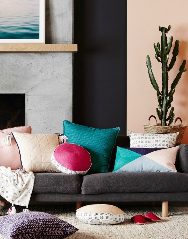 Mix and match colour, texture and pattern for a warm living room look by Sage and Clare.