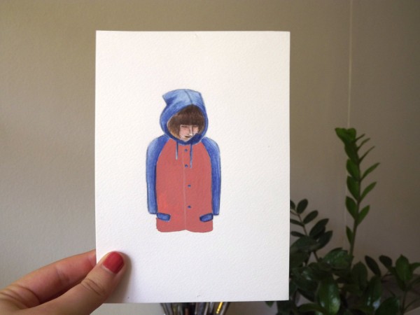 Pastel raincoat traveller original artwork $35, by Jane Savelyeva.