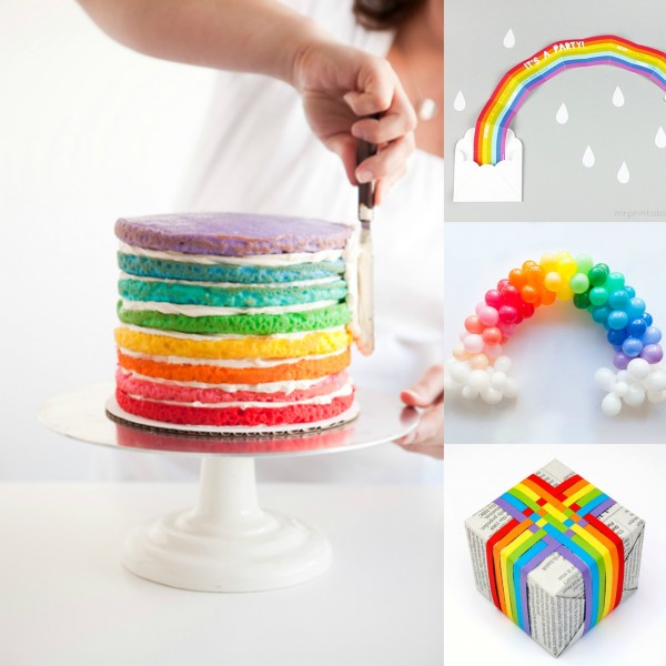 You can make a rainbow, too. Clockwise from top right: Surprise Rainbow Party Invitation by Mr Printables; Mini Rainbow Balloon Arch DIY; Woven rainbow paper gift topper by Mini Eco; Rainbow cake by One Charming Party.