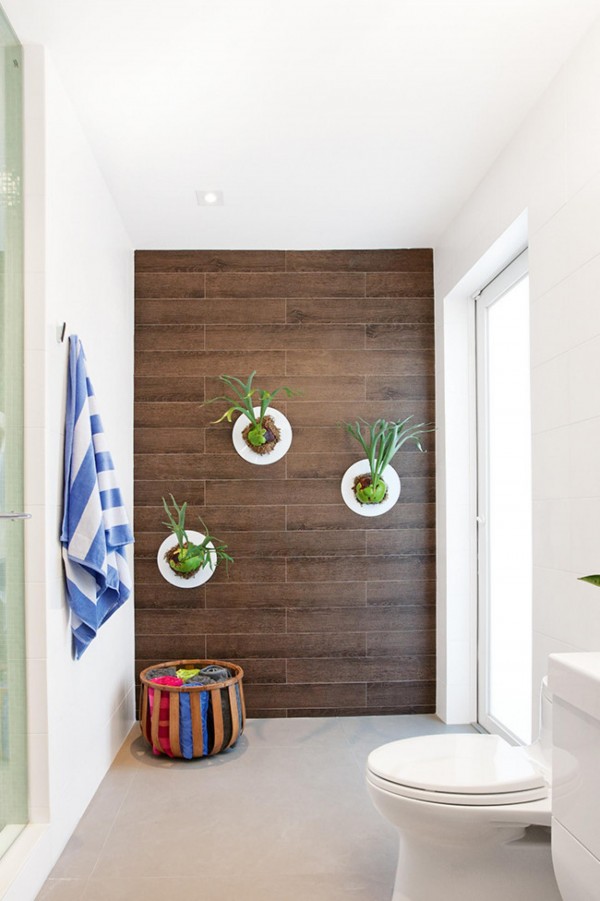 Elkhorns love the moisture-rich environment of bathrooms. Photo via  Dkor Interiors/Homelife.