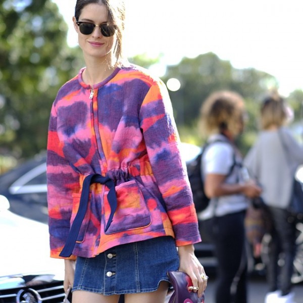 Chloe wears Iro Paris jacket, Alexa Chung for AG denim skirt and Laurence Dacade boots. Photo by Myles Kalus @streetstyleaustralia/Instagram. 