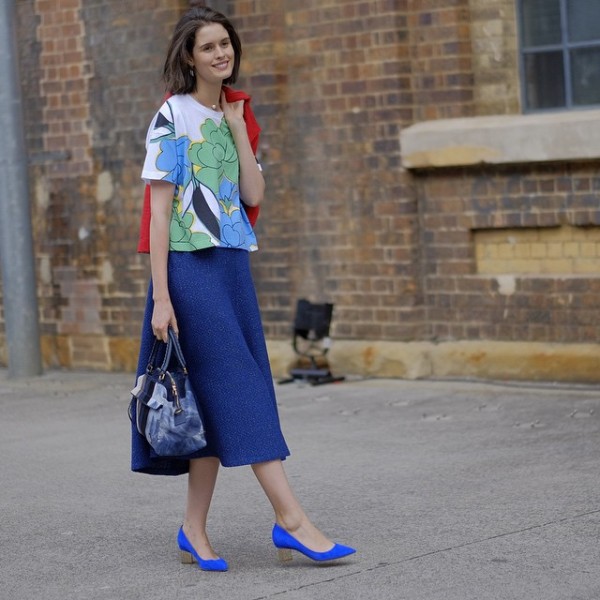 Chloe wears Nicholas Kirkwood shoes, Jerome Dreyfuss handbag, Kate Sylvester skirt and Marni top.  Photo by Myles Kalus @streetstyleaustralia/Instagram. 