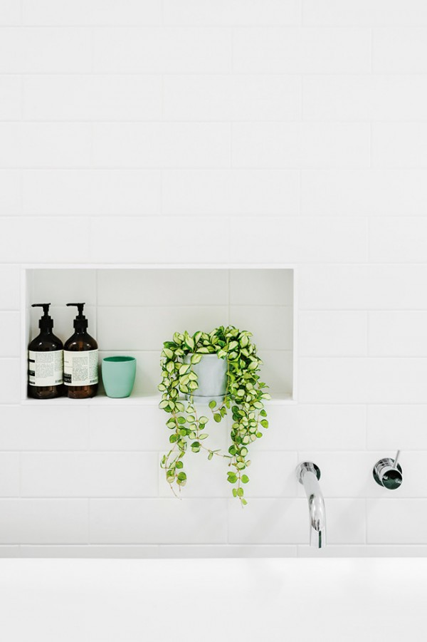 Recesses and niches in the wall aren't just for shampoo and conditioner. Combine products with a trailing plant to add softness, colour and texture to your bathroom.
