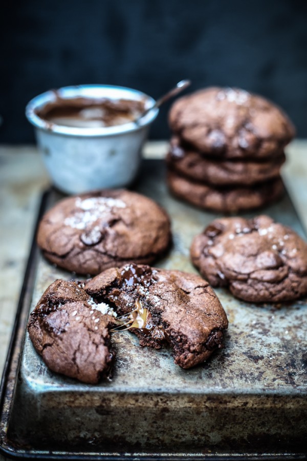 Salted Caramel + Nutella Stuffed Double Chocolate Chip Cookies by Top with Cinnamon. 