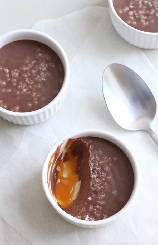 Salted chocolate pots with caramel sauce by Amuse Your Bouche.
