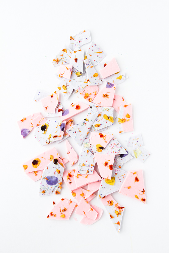 Color Blocked Chocolate Bark with Edible Flower Sprinkles by PapernStitch Blog.