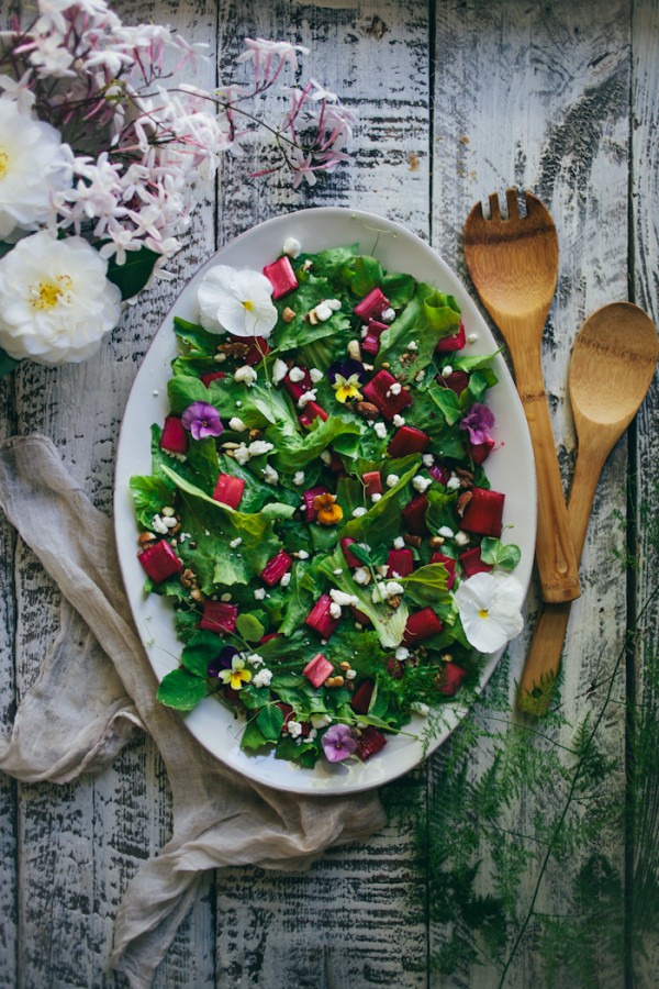Rhubarb Endive Salad with Violas by Adventures In Cooking.