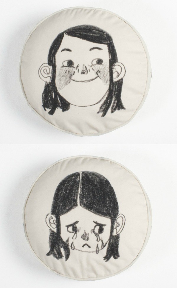 Happy Sad Face Cushion; Print in collaboration with Belgium artist, Mathilde Van Gheluwe, by Such Great Heights.