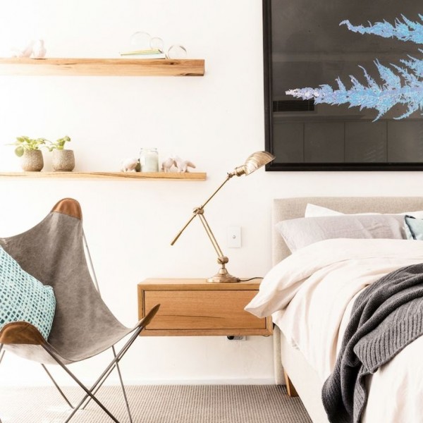 Beautiful Scandi-style bedroom with custom floating timber shelves. The top 12 looks from The Block: Triple Threat, via We-Are-Scout.com