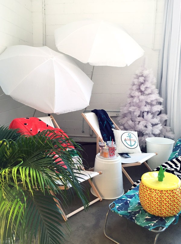 Target summer homewares including inflatable pineapple esky and watermelon beach towel and cushion. Photo Lisa Tilse for We Are Scout.