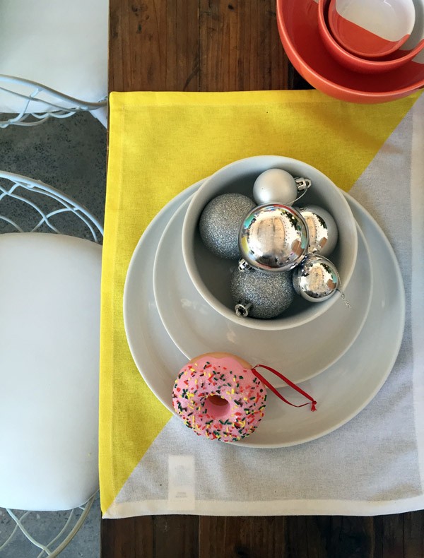 Bright Christmas table setting with doughnut baubles at Target Australia 2015 Christmas preview. Gold, pink and orchids combine for a stunning Christmas table setting at Target Australia 2015. Photo Lisa Tilse for We Are Scout.