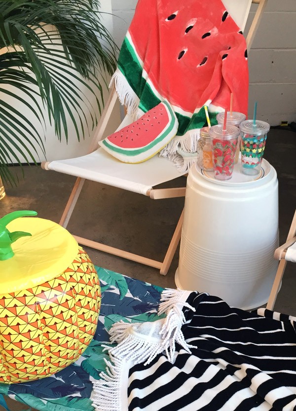 Target summer homewares including inflatable pineapple esky and watermelon beach towel and cushion. Photo Lisa Tilse for We Are Scout.