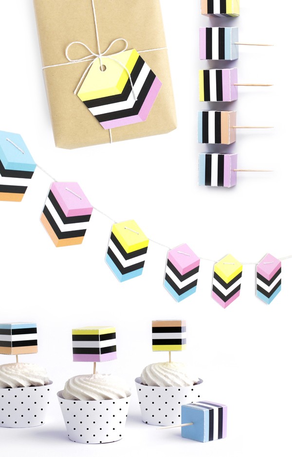 Licorice AllSorts gift tags, garland and cupcake toppers, from The Chaos Club, via we-are-scout.com.