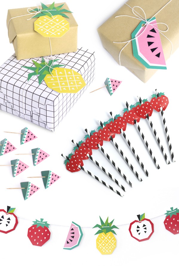Bright and bold fruit paper party decorations and gift tags from The Chaos Club, via we-are-scout.com.