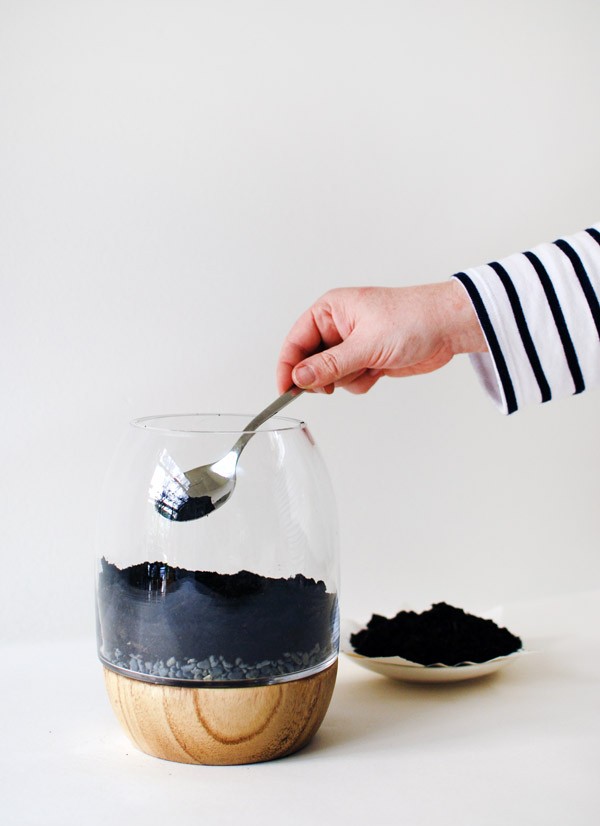 Step 2: layer charcoal and potting mix. Photo: Lisa Tilse for We Are Scout