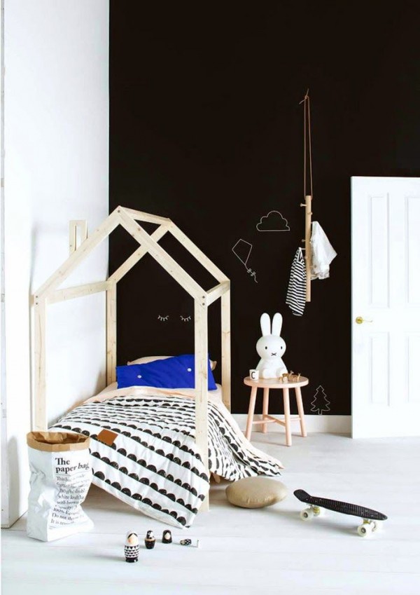 Black and white Scandi-style kids' room, from Inside Out magazine December 2014. Styling by Jessica Hanson. Photography by Craig Wall. Via Poppytalk. 