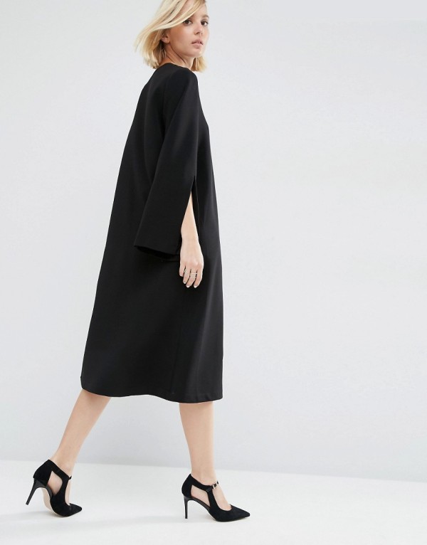 The perfect minimalist black dress for in-between seasons:ASOS WHITE Midi Dress With Square V-Neck, via WeeBirdy.com.