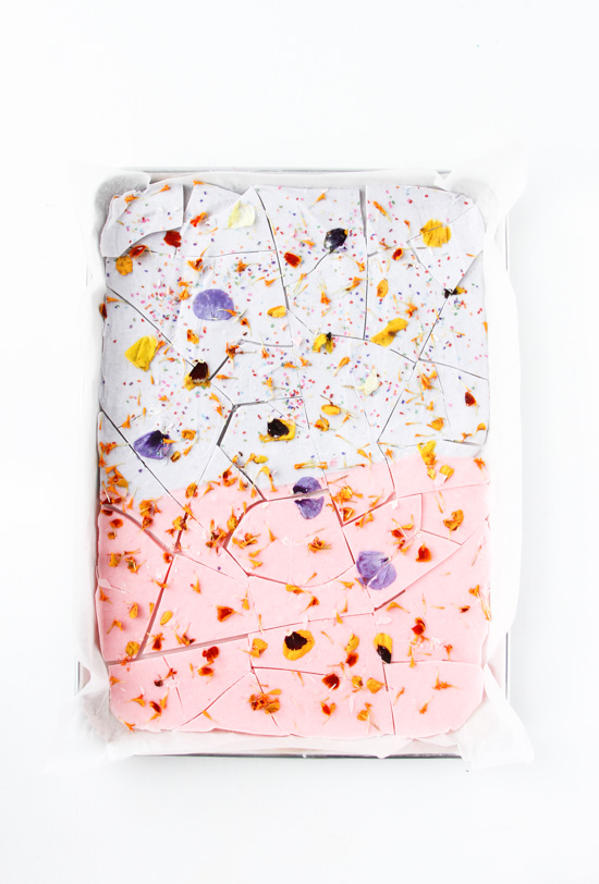 Color Blocked Chocolate Bark with Edible Flower Sprinkles by Paper & Stitch. 
