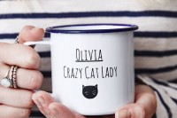 Christmas Gift Guide: Presents for Pet Owners Sophia Victoria Joy's Personalised Cat Lady Enamel Mug, from Etsy.