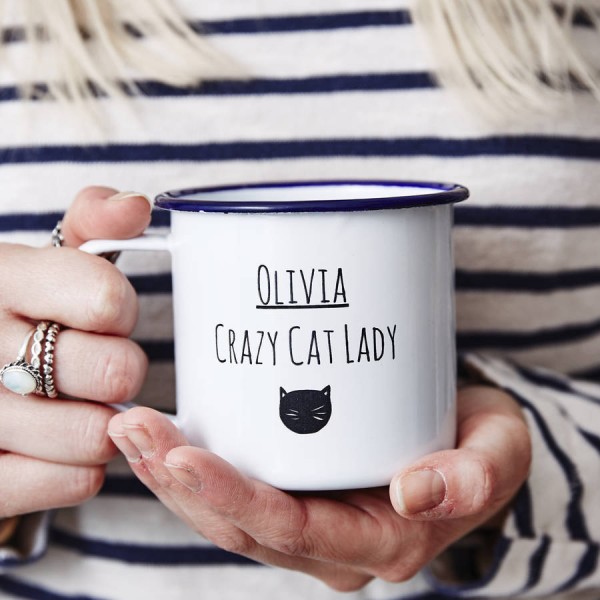 Sophia Victoria Joy's Personalised Cat Lady Enamel Mug, from Etsy.
