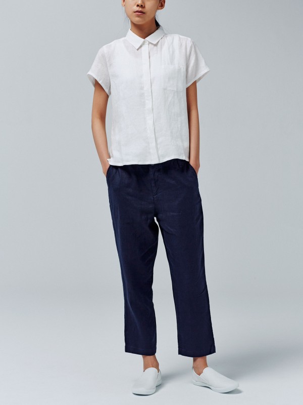 French linen short sleeve shirt, French linen cropped easy pants, slip-on sneakers; all from Muji.
