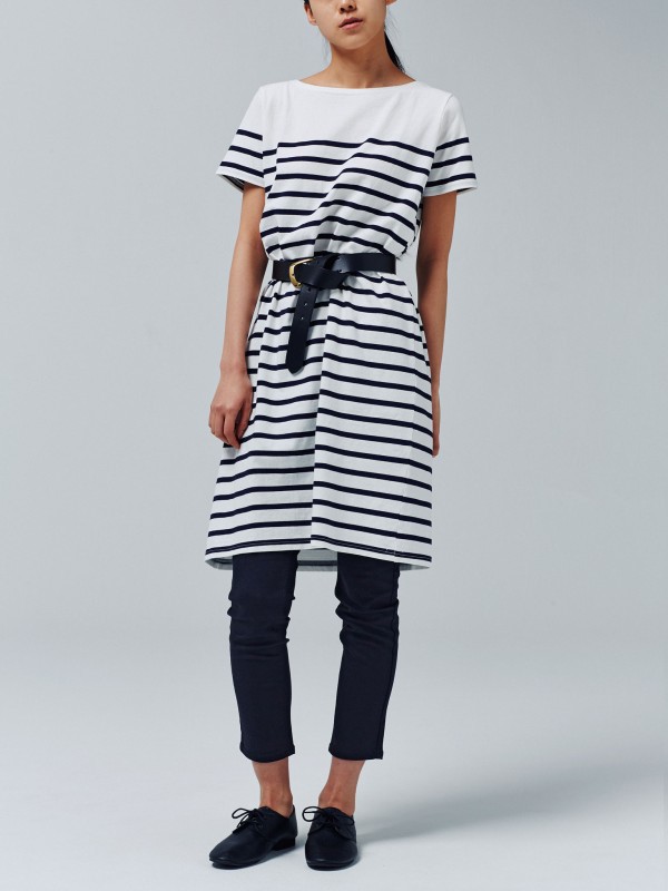 Organic cotton short sleeve dress, tanned leather hand-stitched belt, super-stretch skinny pants and punching ballet flats; all from Muji.