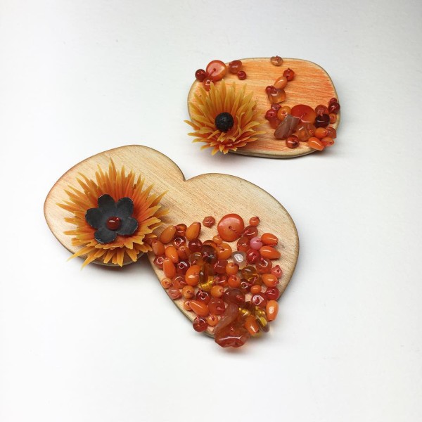 Re-grown Series brooches by Melinda Young; Oxidised silver, carnelian, coral, lava, agate, glass, wood, artificial plant foliage, paint