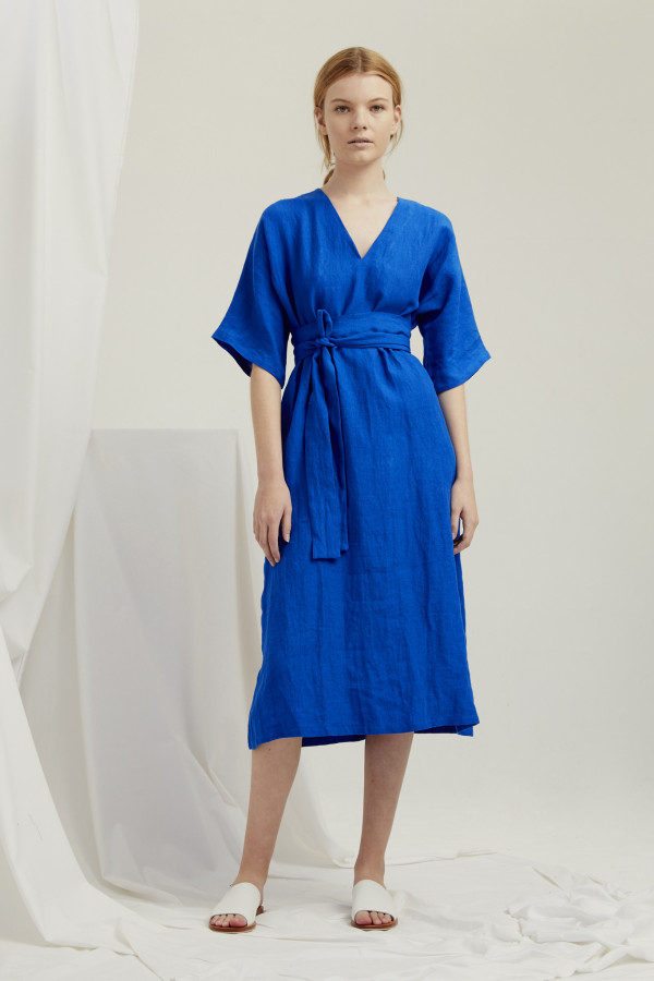 Milk & Thistle Kyoto Dress Cobalt in Blue Linen, $285.