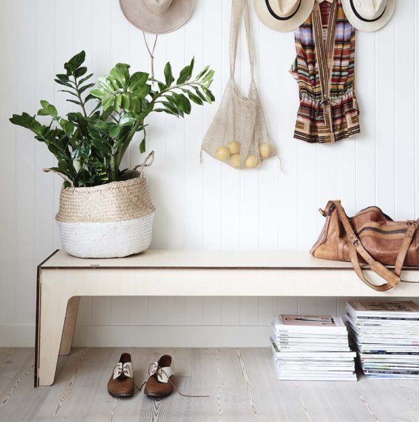 A bench seat with a row of hooks for hanging bags and hats makes an inviting entrance in this home. 